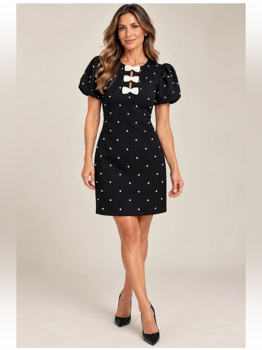 Karl Lagerfeld Paris Womens Pearl-Embellished Scuba Crepe Dress 6 Black - NWT